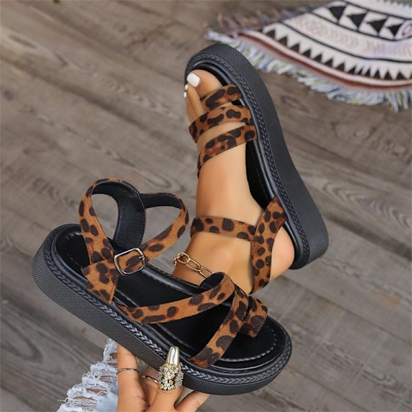 Damesko med trykk, flate sandaler, motesko for sommeren dark brown 40