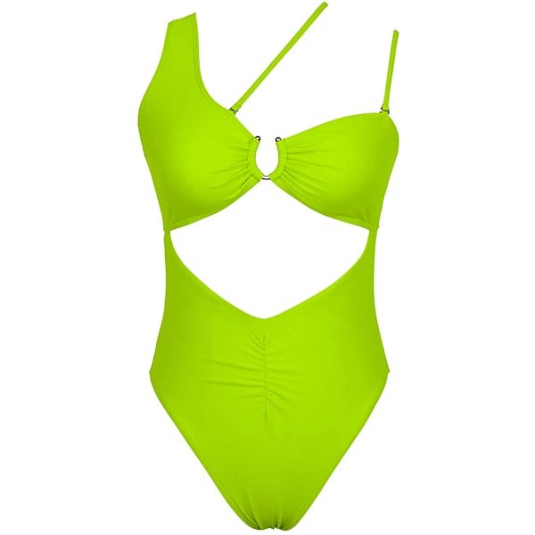 Dame one shoulder udskåret rynket bagpå høj skåret monokini badedragt i ét stykke, Neongrøn, L