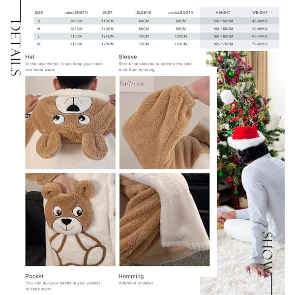 2-in-1 Miesten ja Naisten kylpytakki, Kylpytakki, Huppu ja Pyjamahousut, Talvivillainen Yöasu, Yöpaita, Negligee, Pyjama Spa-hotellille, Juhliin Kvinnor-brunbjörn XL