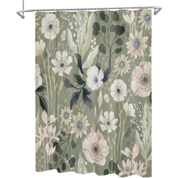 Duschdraperi, mögelresistent tvättbart, grönt blommönster, 180x200 cm, badrum