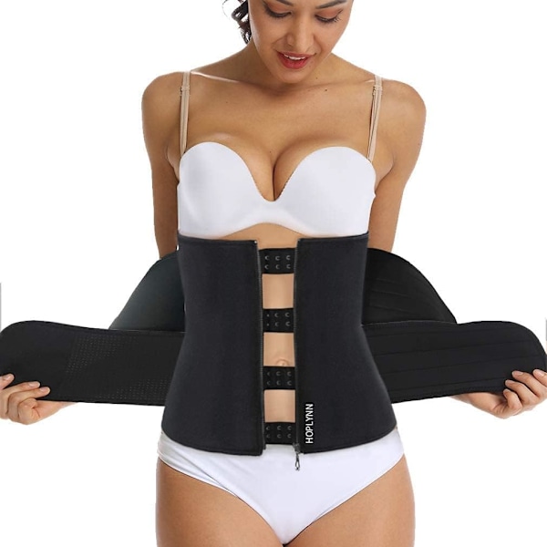 Sved Waist Trainer til kvinder To bælter, Neopren Træningskorset Taljetræner Cincher Trimmer Shaper Lynlås Sort Black M