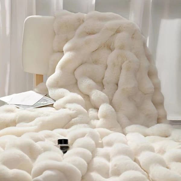 Faux Fur Kastetæppe Blødt Plys Flannel Vendbart til Sofaseng Hvid