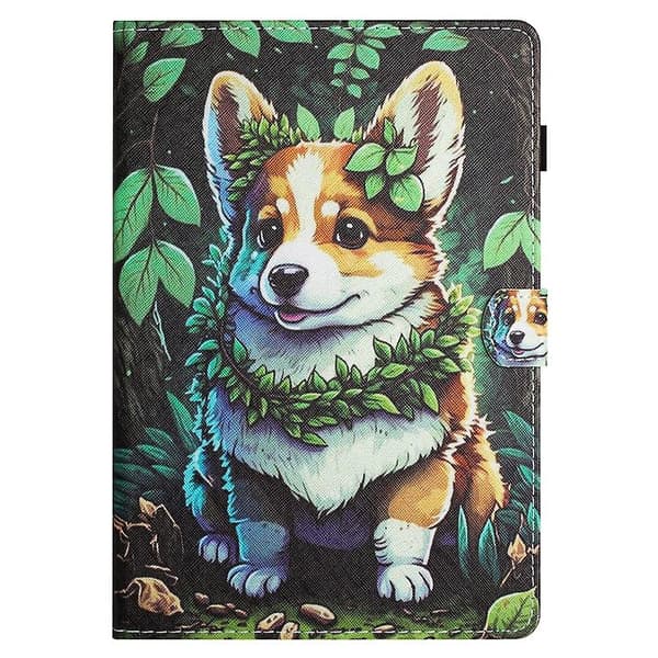 Til Samsung Galaxy Tab S6 Lite Farvede Syninger Læder Tablet Smart Case Corgi_MGF Corgi