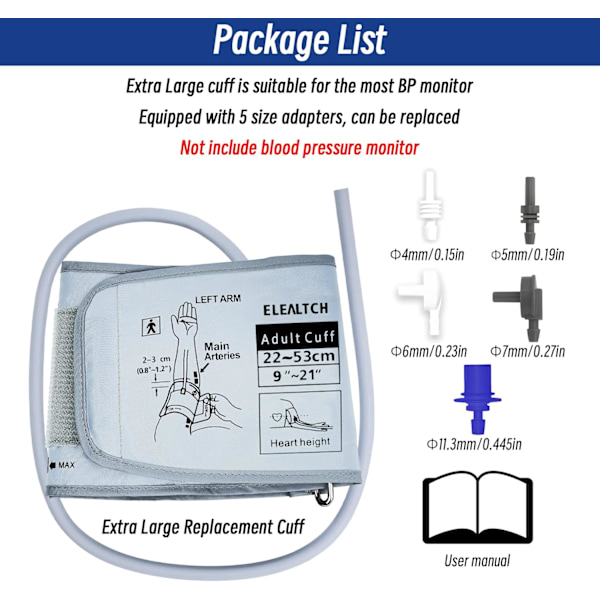 Erittäin suuri mansetti, yhteensopiva Omron 9201d-21201d tuuman (22-53 cm) XL verenpainemansetin kanssa aikuisille, käsivarren verenpaineen korvaava mansetti suurille käsivarsille, harmaa