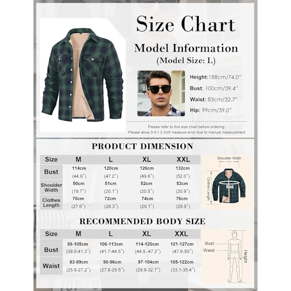 Lumberjack-paita Miehille Vuorattu Termo Flanellipaita Takki Talvi Moni Tasku Ruudullinen Takki Grön M