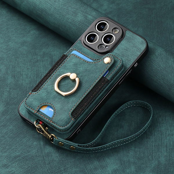 Egnet til iPhone mobiltelefon læderetui RFID tyverisikring børste ringspænde snor multifunktionel kortholder Sort [Med læderrem] Black [With Leather Lanyard]] iPhone 11