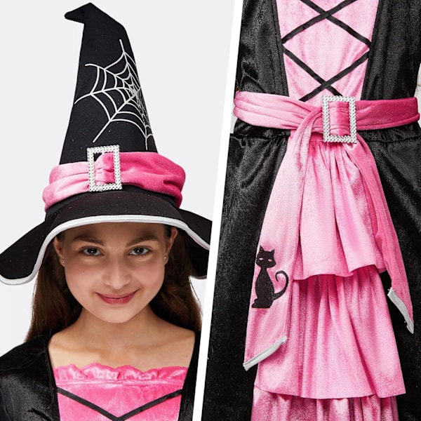 Saga Häxa Sød Hexe Kostume Deluxe Sæt med Hat til Piger Medium (8-10 yrs) Rosa Rosa