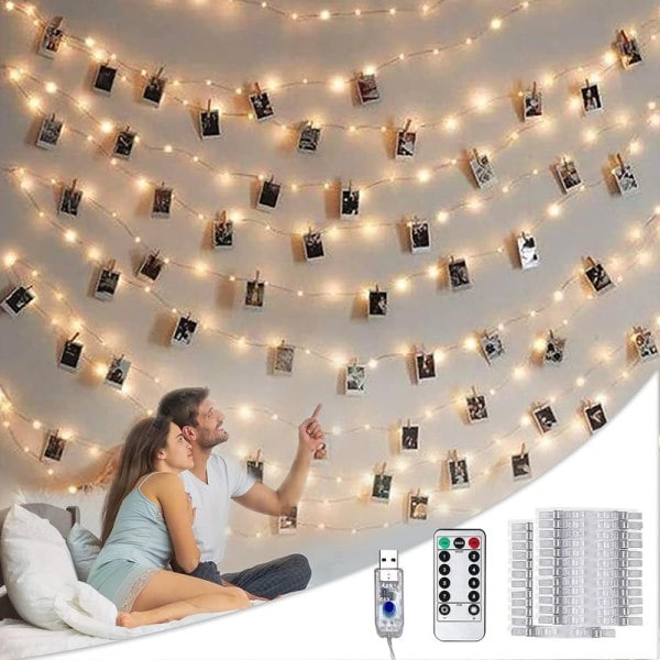 Fotoklemmer med lyslenke, 10 meter 100 LED-lys med klemmer for bilder