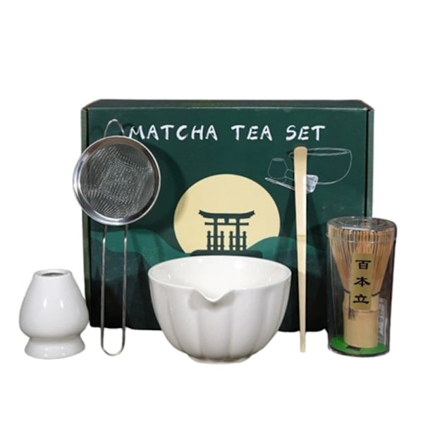 Keramisk Matcha te, inklusive matcha skål og matcha piskeris, 5-delt sæt hvid white