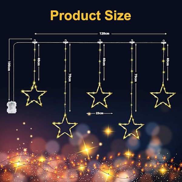 GlobaLink 96LED Julevindueslys, Vandafvisende IP65, 8 Tilstande, Stjerne Gardinlys til Indendørs & Udendørs Julepynt, Varmt Hvidt Warm White 5 Stars 96LED