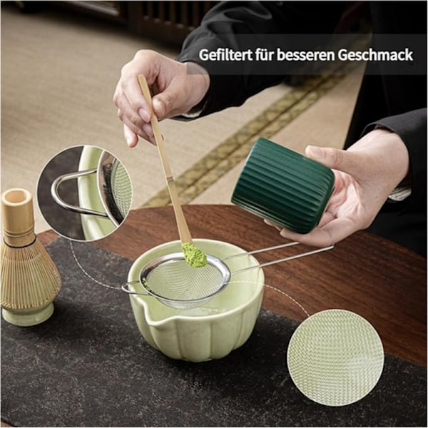 Keramisk Matcha-te, inklusive matchaskål och matchavisp, 5-delars set grön green