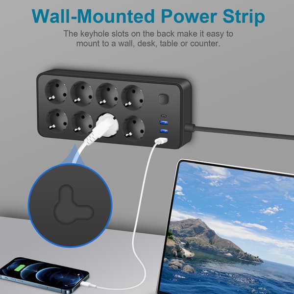 Black EU Standard USB-C Socket with 8 Outlets and 3 USB Ports
