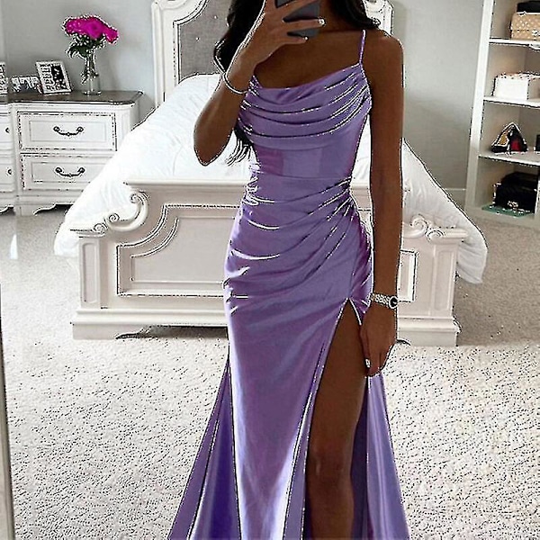 Kvinder Lange Maxikjoler Cowl Neck Aftenkjole Ærmeløs Satinkjole Fest Casual Lys Lilla Light Purple XL