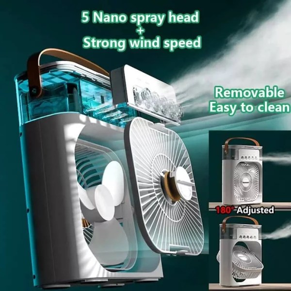 Bärbar luftkonditioneringsfläkt Mini Evaporativ luftkylare med 7 färger LED-ljus 1/2/3 H Timer 3 vindhastigheter och 3 sprutlägen A A white