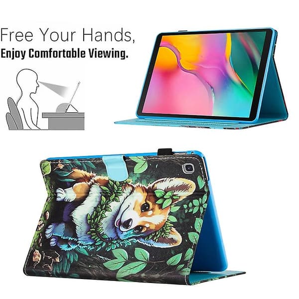 Til Samsung Galaxy Tab S6 Lite Farvede Syninger Læder Tablet Smart Case Corgi_MGF Corgi