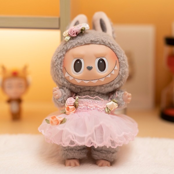 Rosa blomsterhoved brudekjole, (kun tøj) 17cm vedhæng blindbox macaron Labubu Labubu Time to chill dukketøj