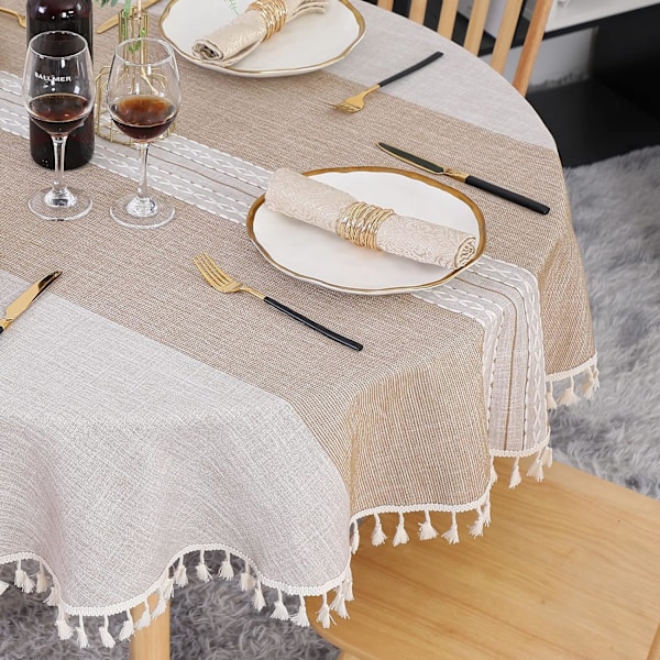Rund duk 120cm Khaki Vaskbar Lin og Bomull Duk Flekkbestandig med Dusker, Stripete Broderi For Bursdag, Bryllup, Kaffebord