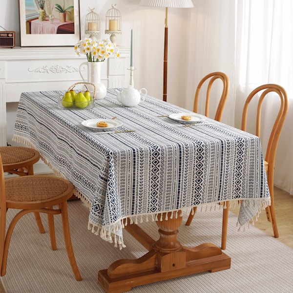 Etnisk Stil Bordduk Polyester Bomull Bohemisk Pop Rektangulär Dammskyddande Bordduk Kaffebord Duköverdrag Blå Pop-Tofs Blue pop tassel 140X200CM