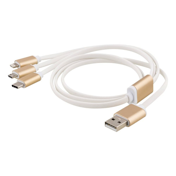 Multilader, USB-C, Lightning, Micro USB, USB-A, 1m, hvit Guld, Vit