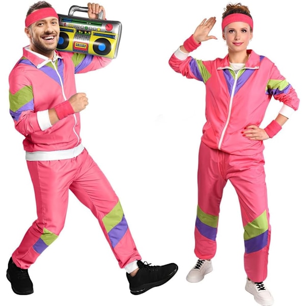 80s Height of Fashion Shell Suit Costume, 80s Fancy Dress Men Women with Headband Wristbands, 1980s Disco Fancy Dress