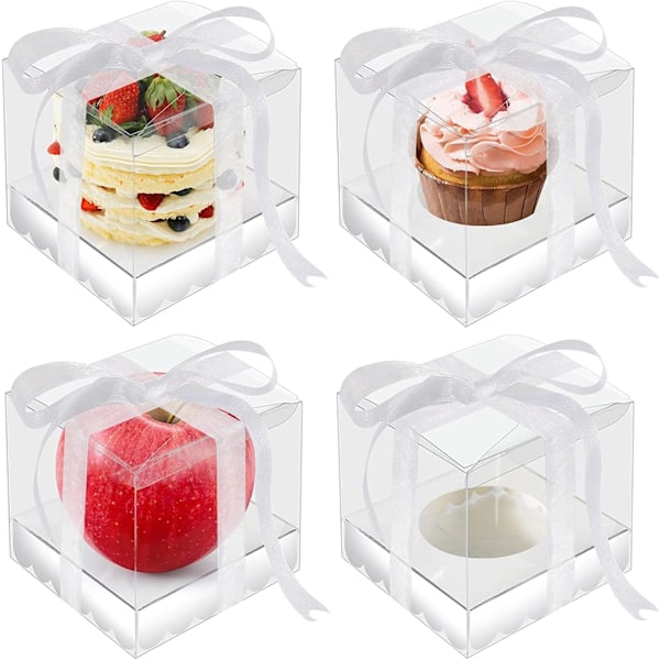 20 stk Klare Kakebokser 9 x 9 x 11,5 cm Transparent Gaveeske med Sølvbunn og Bånd for Emballasje Cupcake Macaron Godteri Kaker Ornament