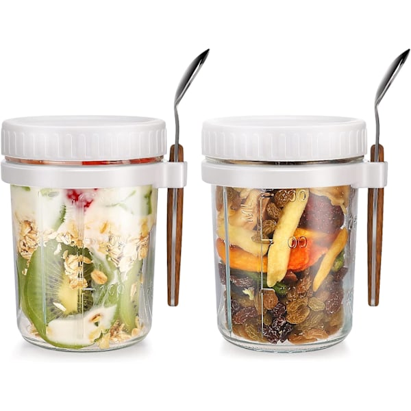 Overnight Oats-burkar, havregrynsbehållare med lock och sked, spannmålsförvaringsbehållare (vit2)
