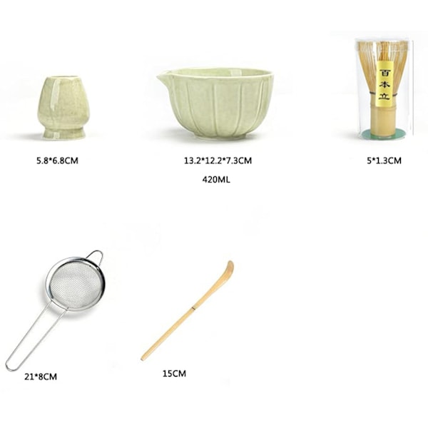 Keramisk Matcha-te, inklusive matchaskål och matchavisp, 5-delars set grön green