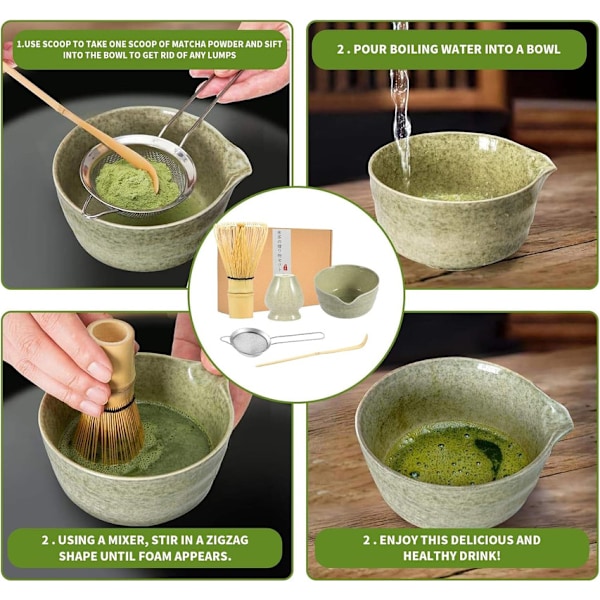 Ceramic Tea Set, inklusive Matcha skål, Matcha visphållare och Matcha visp, 5-delars set grön green