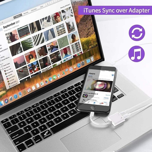 Høretelefonadapter til iPhone Adapter Splitter Oplader og Høretelefoner til med iPhone 11/XR/XS/X/7/8 Lyd og oplader og samtale- og