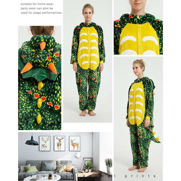 Vuxen Unisex Jumpsuits Kostym Djurkostym Dräkt Kick Suit Nattklänning Pyjamas Huvtröja Nattkläder Cosplay Cartoon Kigurumi Karneval Jul Halloween B-darkgreen dinosaurie L