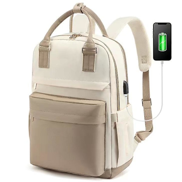 Naisten reppu 15,6 tuuman kannettavalle tietokoneelle, USB-latauksella, varkaudenestoreppu työhön, matkoille, yliopistoon, korkeakouluun, harmaansininen Khaki and beige