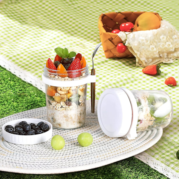 Overnight Oats-burkar, havregrynsbehållare med lock och sked, spannmålsförvaringsbehållare (vit2)