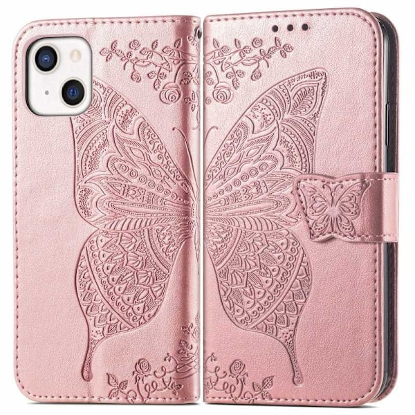 iPhone 13 Lommebok-etui PU-Lær 4-ROM MOTIF Sommerfugl Rosenguld