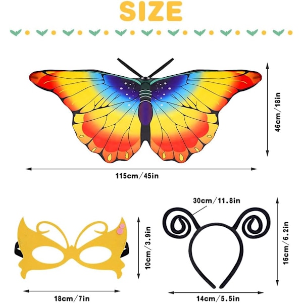 Barne-sommerfuglvinger-kostyme, 3-delt fe-sett med regnbuevinger for fester Butterfly