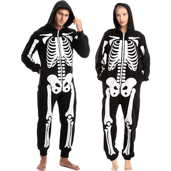 Unisex Skelett Onesie Pyjamas Plysch Skelett Jumpsuit Dragkedja Halloween Huvtröja Pyjamas för Vuxna Nattkläder Kostym XXL Svart Svart