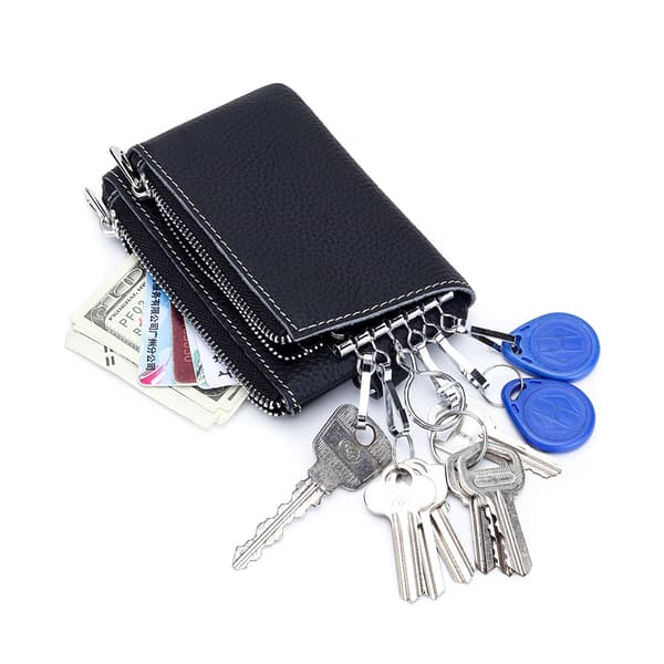 Leather Key Case, Multifunctional Key Holder with Card Holder Black Black