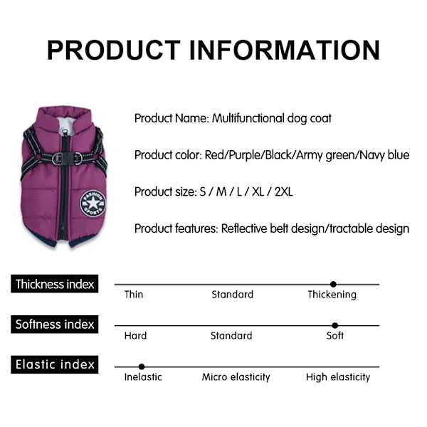 Talvikoiran takki valjailla Koira lämpimät vaatteet Vedenpitävä violetti violetti violetti purple XL