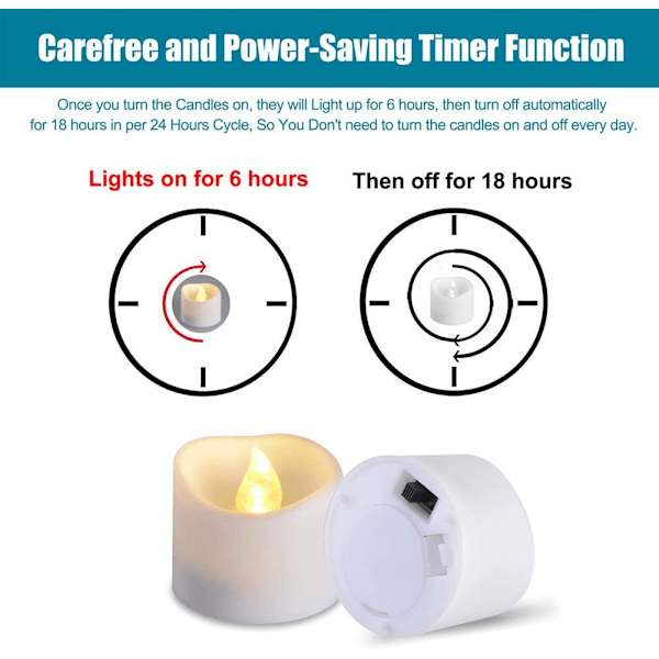 LED-te ljus med timer, 12 st, Batterier ingår, Flimmerfri, Varmvit, Dekoration för födelsedag, bröllop, fest och hem Vit