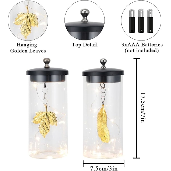 Sett med 2 bladhengende dekorative lamper - 18 cm høye batteridrevne feelykter for hjemmet Guldblad