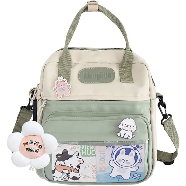 Kawaii JK School Backpack, 3-in-1 Canvas Bag for Teenage Girls with Accessories, Green