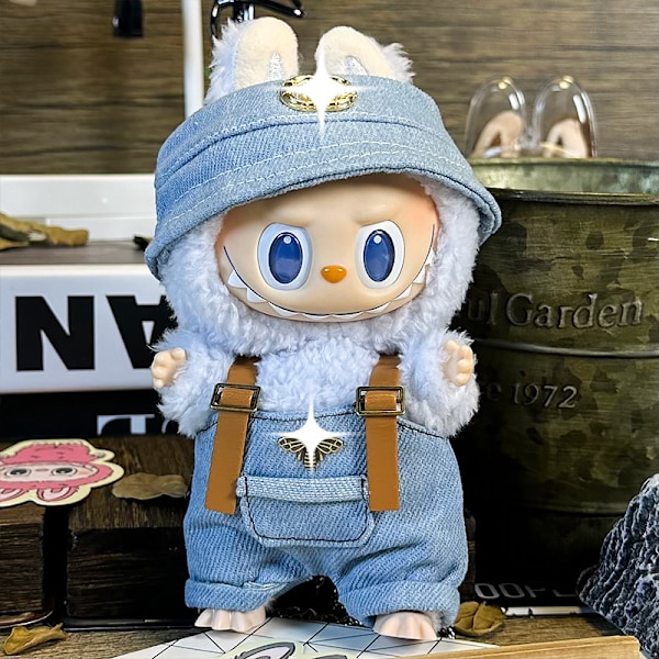 Labubu dockkläder första generationen andra generationen blindbox labubu dockkläder (bucket hat + haklappsbyxor) GG blå kostym