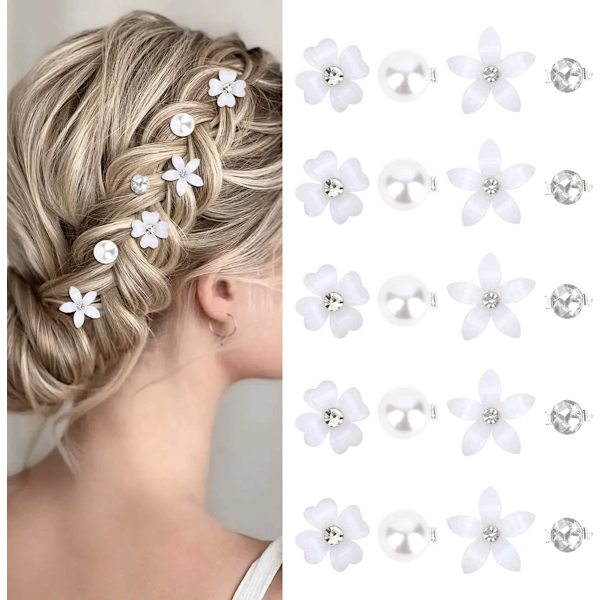 Små blomsterhårnåler, mini diamantperle, for kvinner og jenter, 20 stk hvit