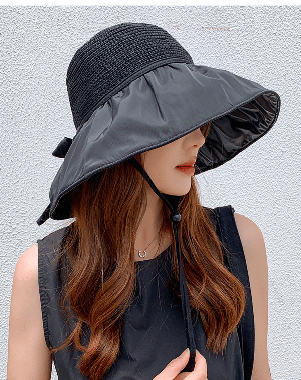 Bredbrättad solhatt för kvinnor, sommarhatt med UV-skydd, packbar Black