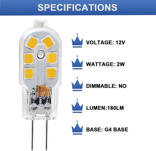 10 G4 LED-lys, 20W halogenlampeerstatning, 2W G4 dobbel base, 12V dagslys 6000K