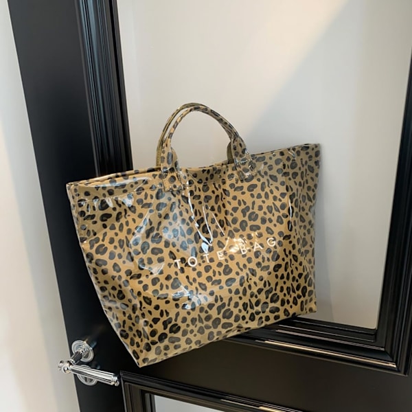 Leopard Print Mode Tote Bag Stor Kapacitet Trendy Tote Bag Stilful Pendlertaske Indkøbstaske Udendørs Rejsetaske Brun Parent