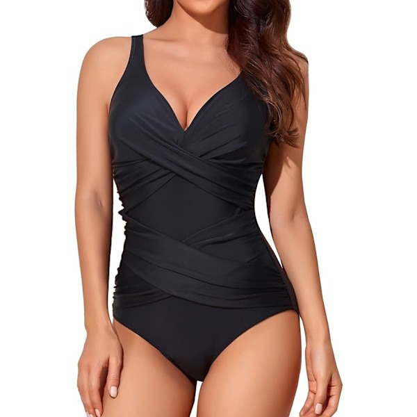 Dame Badedragt med Mavekontrol, Slankende Hel Badedragt, Retro Rynket Push-Up, Vintage Polstret Sort Black Black M