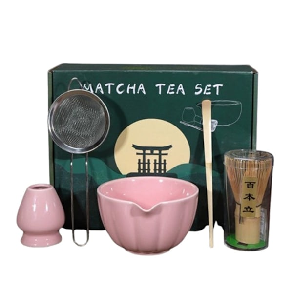 Keraaminen Matcha-tee, sisältää matcha-kulhon ja matcha-vispilän, 5-osainen setti vaaleanpunainen pink