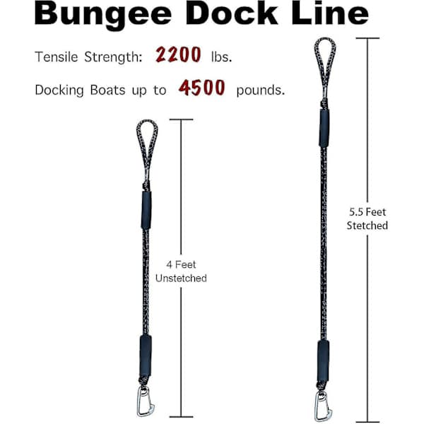 Bungee Dock Line med Krog, Sort Båd Fortøjningsline 1,2 Meter 2-Pak & Sort_OF
