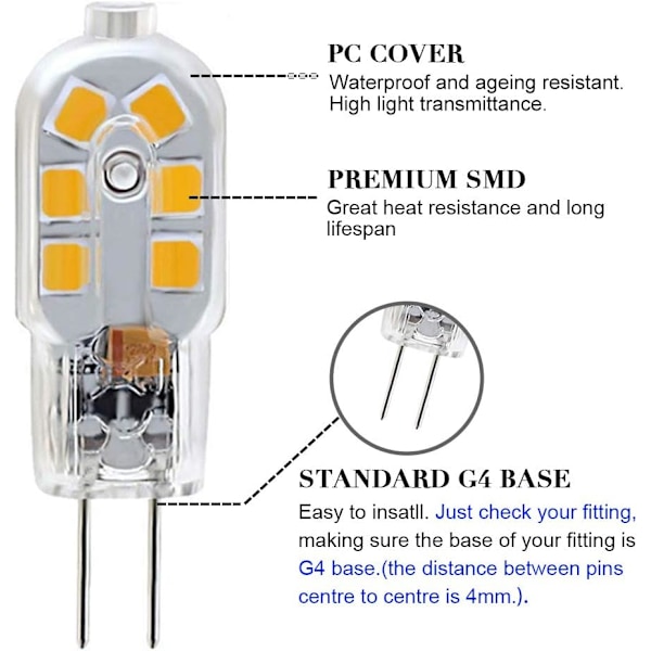 10 G4 LED-lys, 20W halogenlampe erstatning, 2W G4 dobbelt base, 12V dagslys 6000K