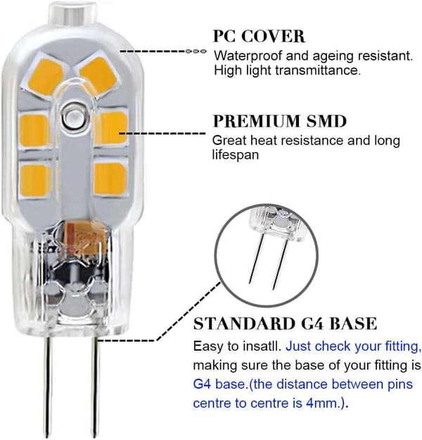 10 G4 LED-lys, 20W halogenlampeerstatning, 2W G4 dobbel base, 12V dagslys 6000K